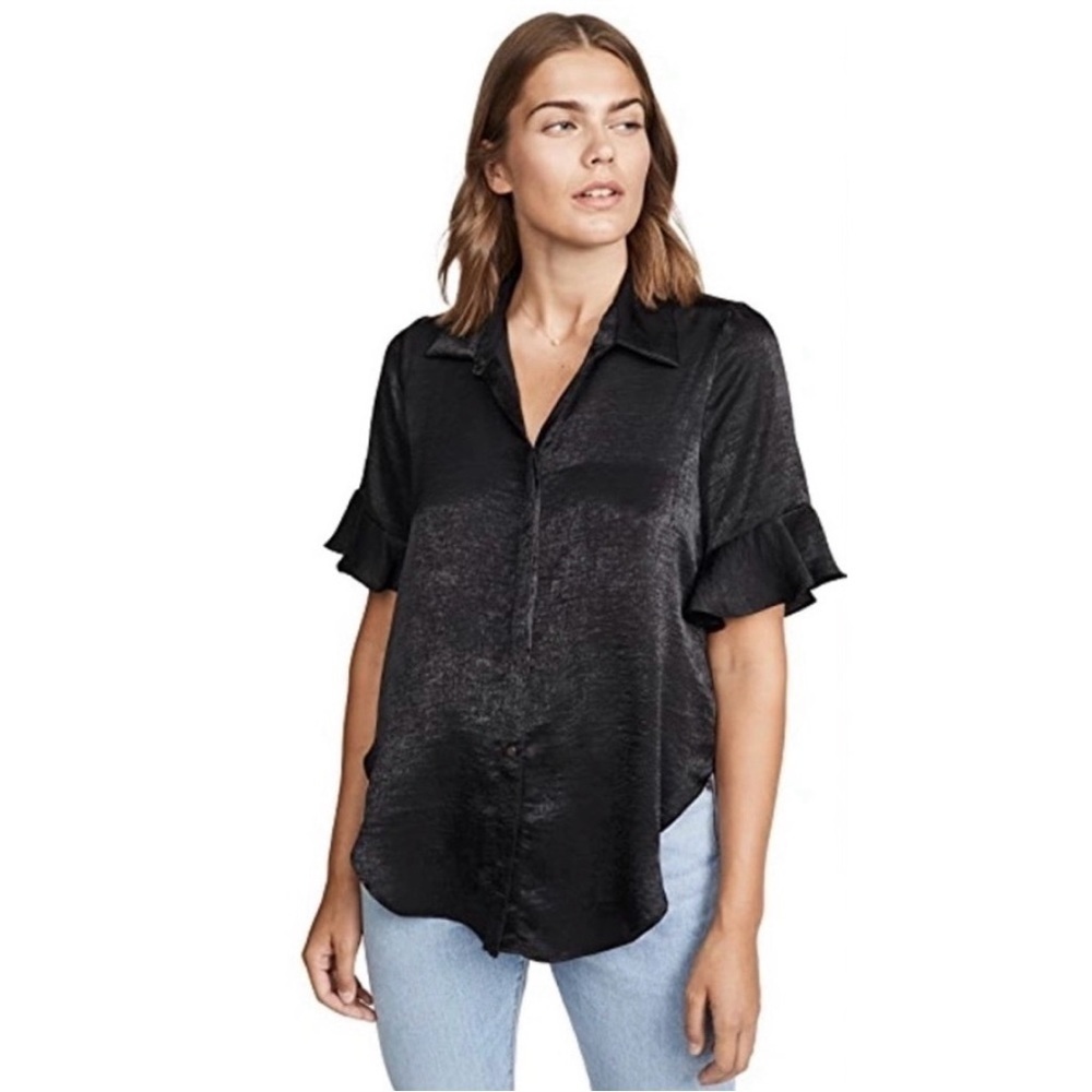 MISA Los Angeles Zadie Satin Effects Button Down Ruffle Top in Black size Small